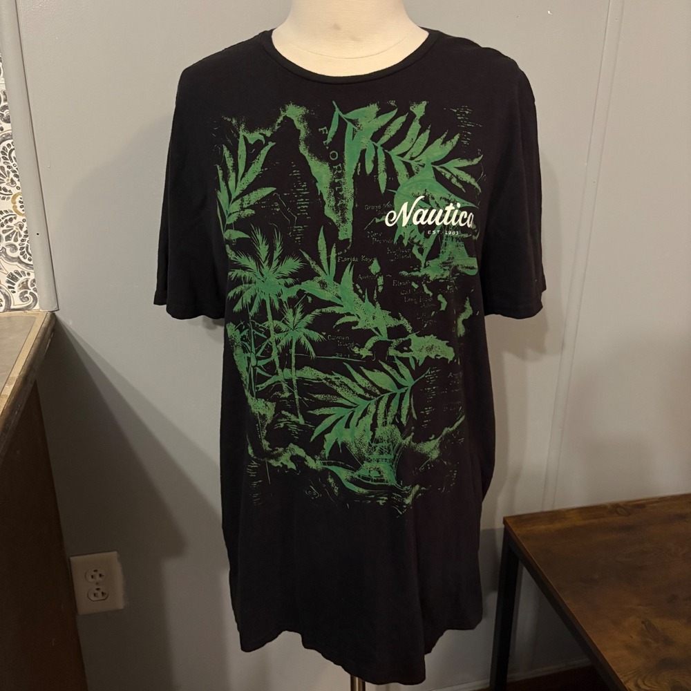 Nautica Mens T Shirt Black Green Palm Tree Graphic Short Sleeve Casual Top